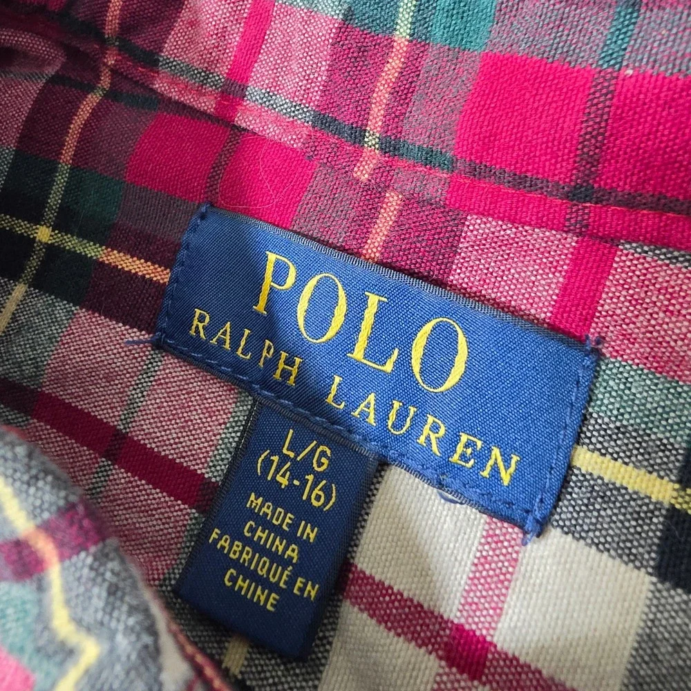 Polo Ralph Lauren Button Down Boys L Red Plaid L/S‎ Flesh Pony Logo